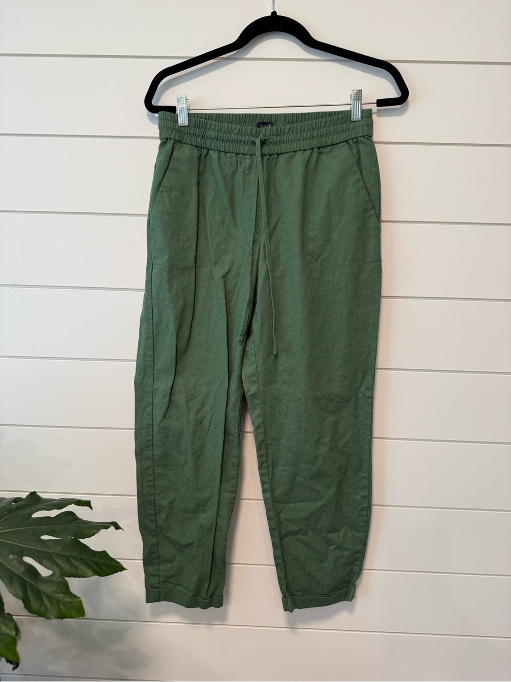 Jcrew Factory Linen Blend Elastic Waist Pockets Green Pants Size 6